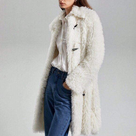 White Women's Monochrome Coat With Horn Buttons